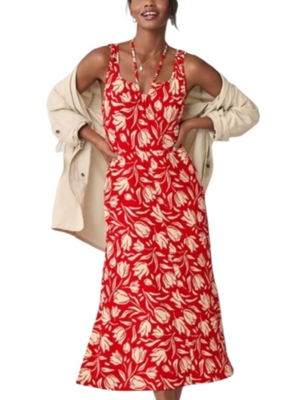 Cabi Red Floral Maxi/Midi Dress with Cream Tulip Print Sz M 🌹
